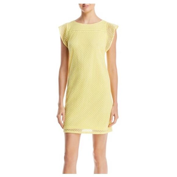Adrianna Papell Ruffle Diamond Embroidered Lace Yellow Mini Dress -‎ Size 12 - Picture 1 of 12